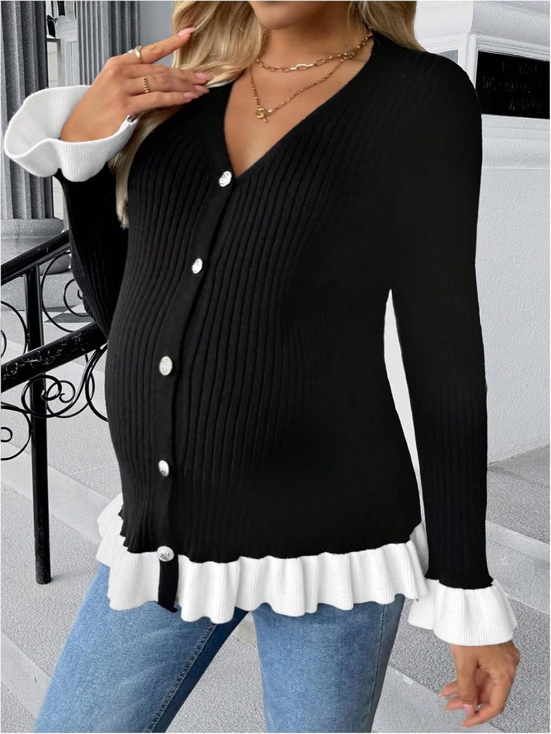 MakeMeChic Women's Maternity Sweater Color Block Bell Sleeve Button Down Ruffle Pregnancy Cardigan - Image 4